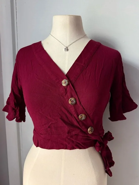 Gypsies & Moondust Wine Red Wrap Button Blouse - Picture 2 of 10